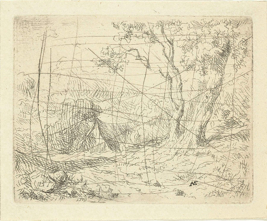 900x747 Landscape With Two Trees Along A Path, Adrianus Van Drawing - Two Trees Drawing