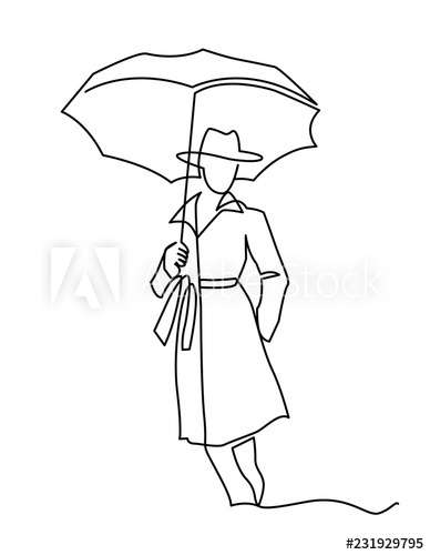 388x500 Continuous Line Drawing Of Young Woman Is Standing Under - Umbrella Line Drawing