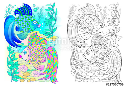 500x349 Colorful And Black And White Pattern For Coloring Drawing - Underwater Cartoon Drawing