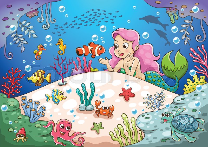 800x565 cute cartoon mermaid underwater world stock vector colourbox - Underwater Cartoon Drawing