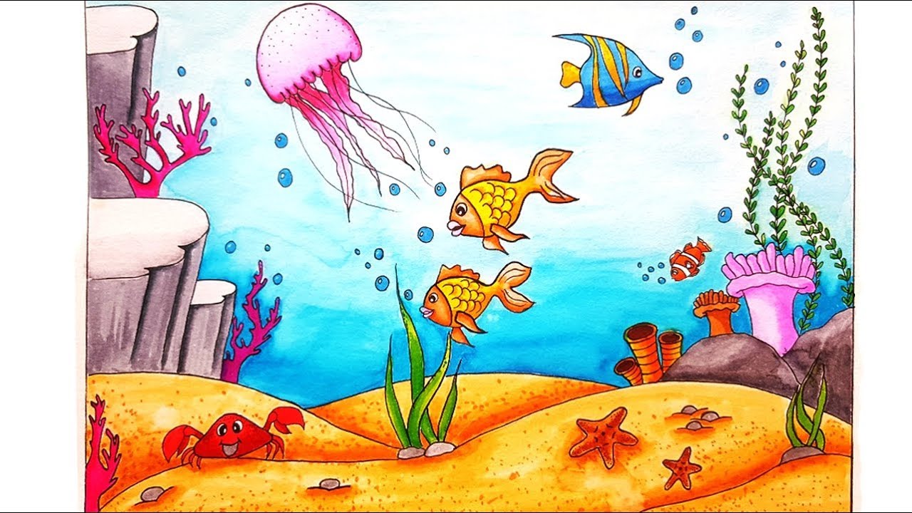 1280x720 how to draw an underwater scenery for beginners step - Underwater Cartoon Drawing