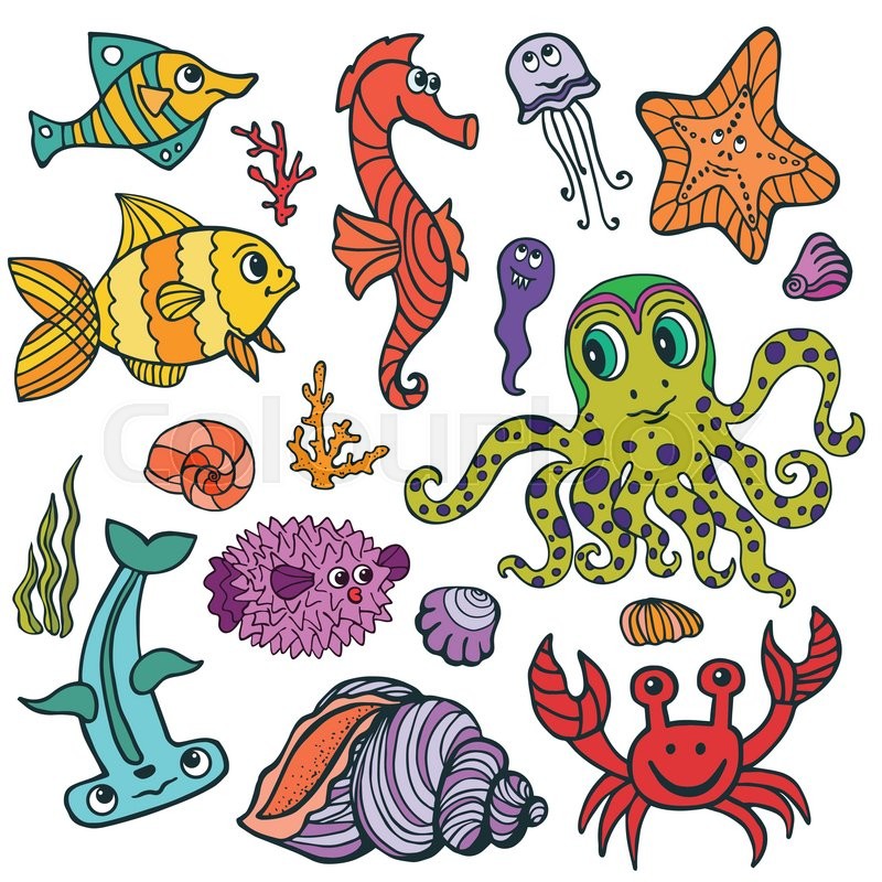800x800 Sea Life Animals Set Fish And Stock Vector Colourbox - Underwater Cartoon Drawing