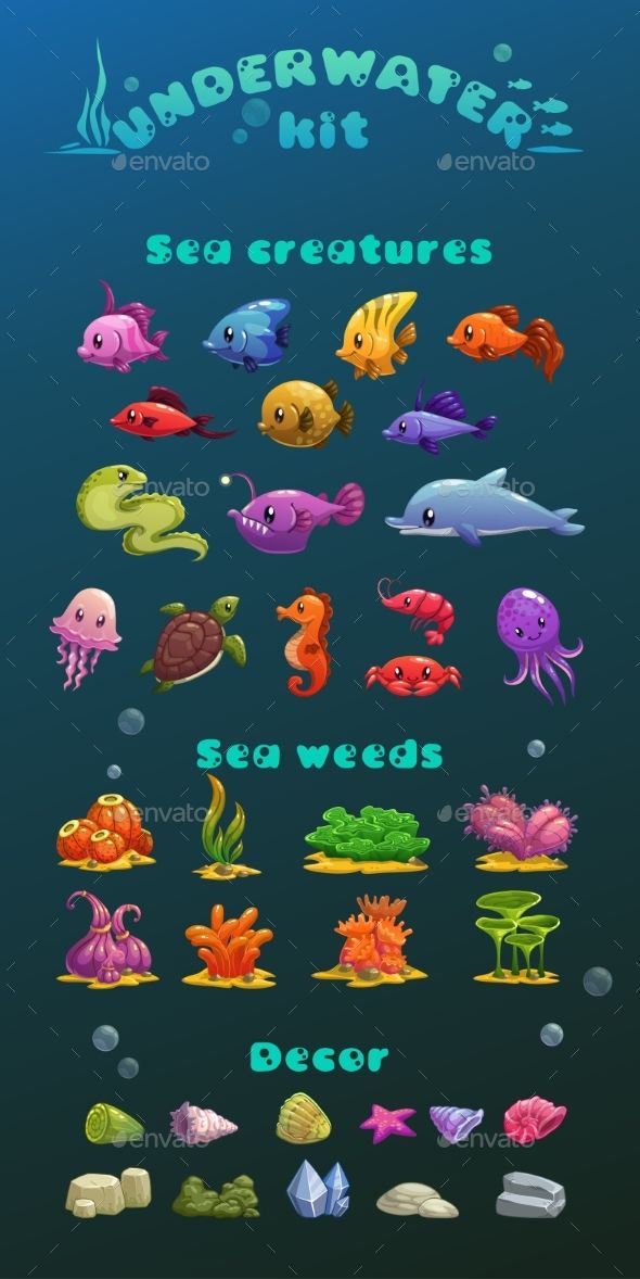 590x1178 cartoon underwater icons set - Underwater Cartoon Drawing