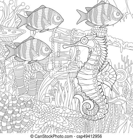 450x470 Zentangle Stylized Underwater Scene Coloring - Underwater Drawing