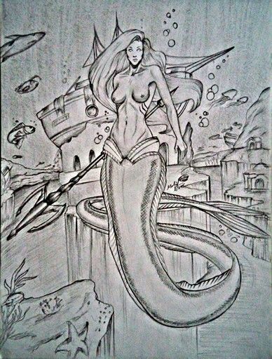 388x512 Mermaid Pencil Drawing - Underwater Pencil Drawing