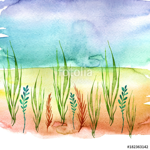 500x500 Watercolor Drawing Of Seaweed, Wild Grass, Seamless Linear Pattern - Underwater Plants Drawing
