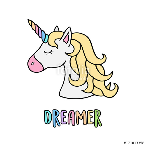 500x500 unicorn vector illustration drawing with rainbow writing dreamer - Unicorn Cartoon Drawing