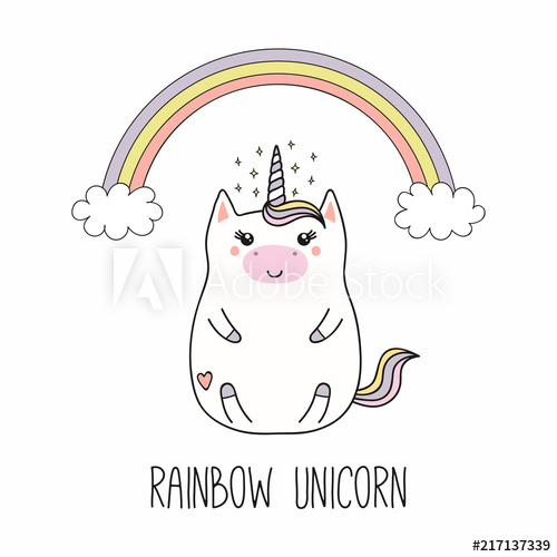 500x500 Hand Drawn Vector Illustration Of A Kawaii Funny Fat Unicorn - Unicorn Line Drawing