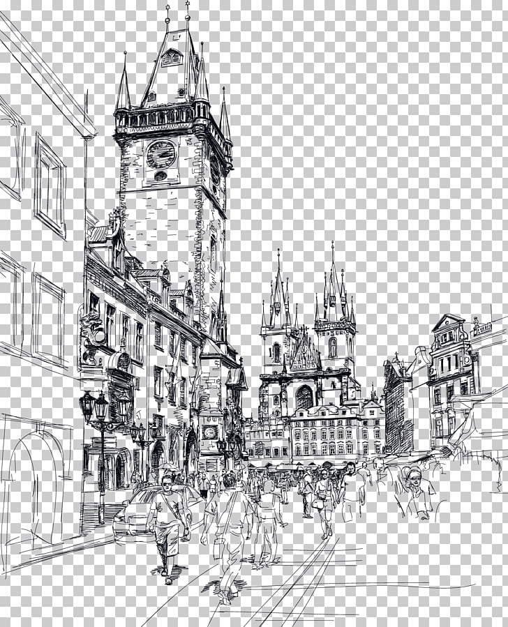 728x899 old town square charles bridge sketch, europe and the united - United States Drawing