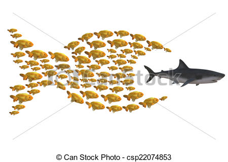 450x319 Fish Group Chasing Shark, Concept Unity Is Strength, Illustration - Unity Is Strength Drawing