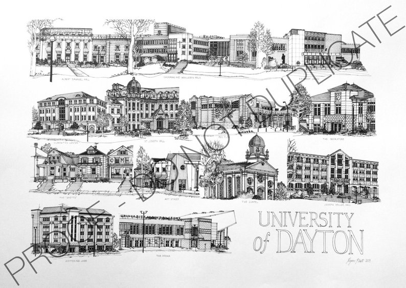 794x563 University Of Dayton Ink Drawing Etsy - University Drawing