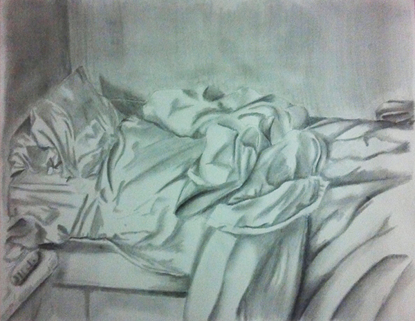 600x464 observational drawing - Unmade Bed Drawing