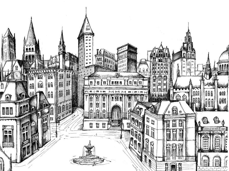 900x673 architectural evolution in an urban landscape drawing - Urban Landscape Drawing