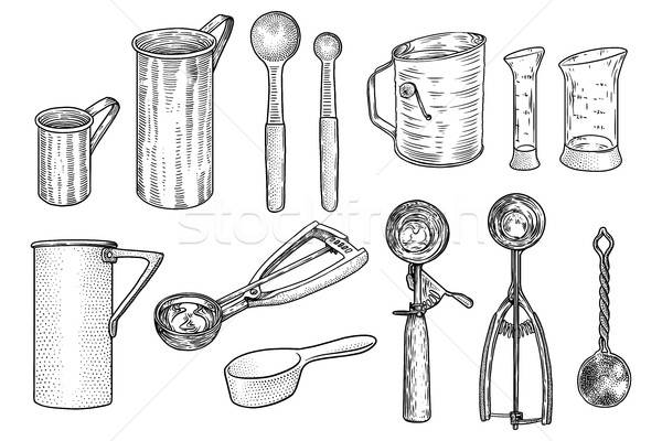 600x400 kitchen utensil set illustration, drawing, engraving, line art - Utensil Drawing