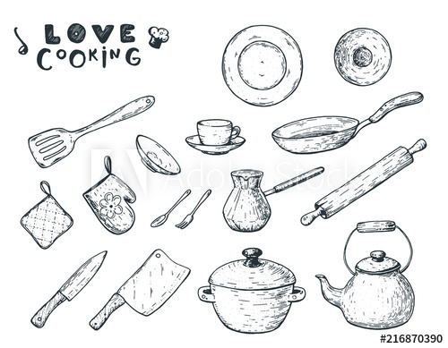 500x389 kitchen utensils hand drawn vector illustration different kitchen - Utensil Drawing