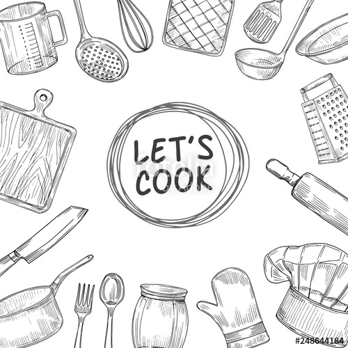 500x500 lets cook cooking chef class sketch background culinary kitchen - Utensil Drawing