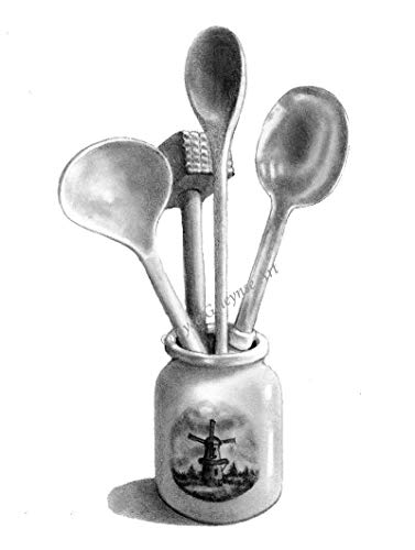 377x500 pencil art print, kitchen utensils in dutch crock - Utensil Drawing