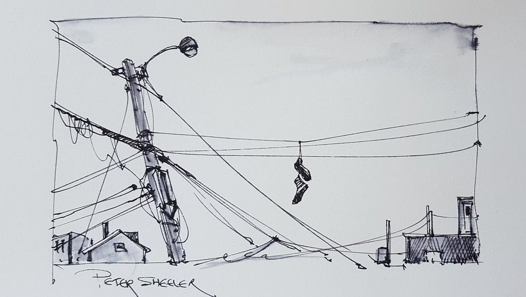 1024x579 Utility Pole And Shoes Art Ink Doodles, Draw, Peter Sheeler - Utility Pole Drawing