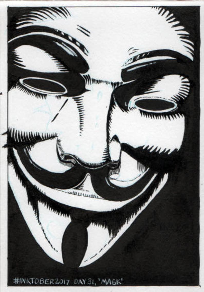 794x1136 Ink Drawing Of Guy Fawkes Mask Anonymousv For Vendetta Etsy - V For Vendetta Drawing