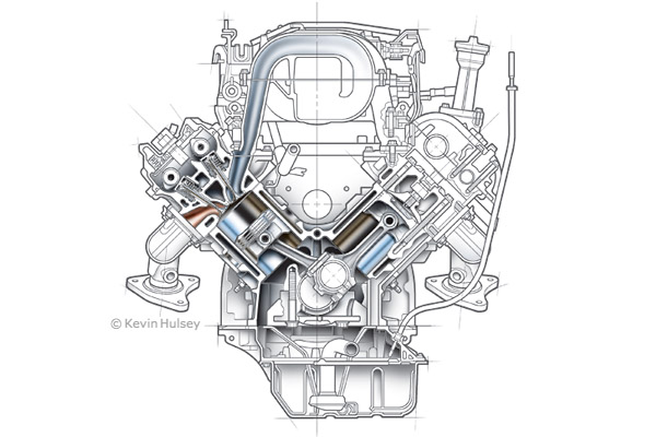 600x400 car engine illustration cutaways and transmission technical drawings - V8 Engine Drawing