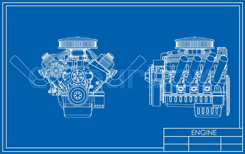 800x505 Hot Rod Engine Drawing On A Blue Stock Vector Colourbox - V8 Engine Drawing