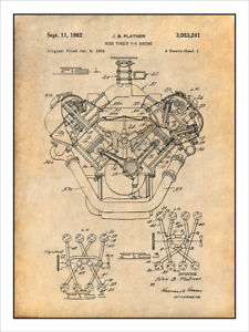 225x300 Chrysler Hemi Engine Patent Print Art Drawing Poster - V8 Engine Drawing