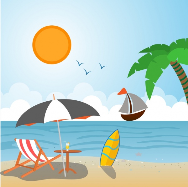 600x598 Summer Vacation Drawing Beach Scenery Sketch Colorful Design Free - Vacation Drawing
