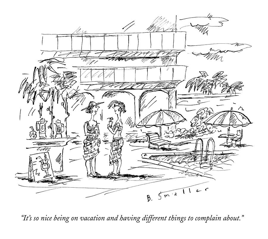 900x805 Two Women In A Warm Holiday Resort Speak To Each Drawing - Vacation Drawing