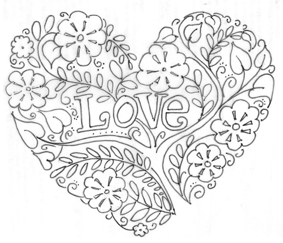 980x843 valentine's day sewing coloring pages, embroidery hearts - Valentine Heart Drawings