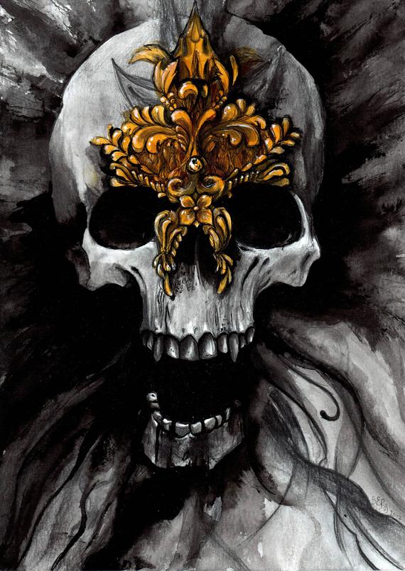 570x804 Skull Drawing With A Gold Mask Original Painting On A Paper Etsy - Vampire Skull Drawing