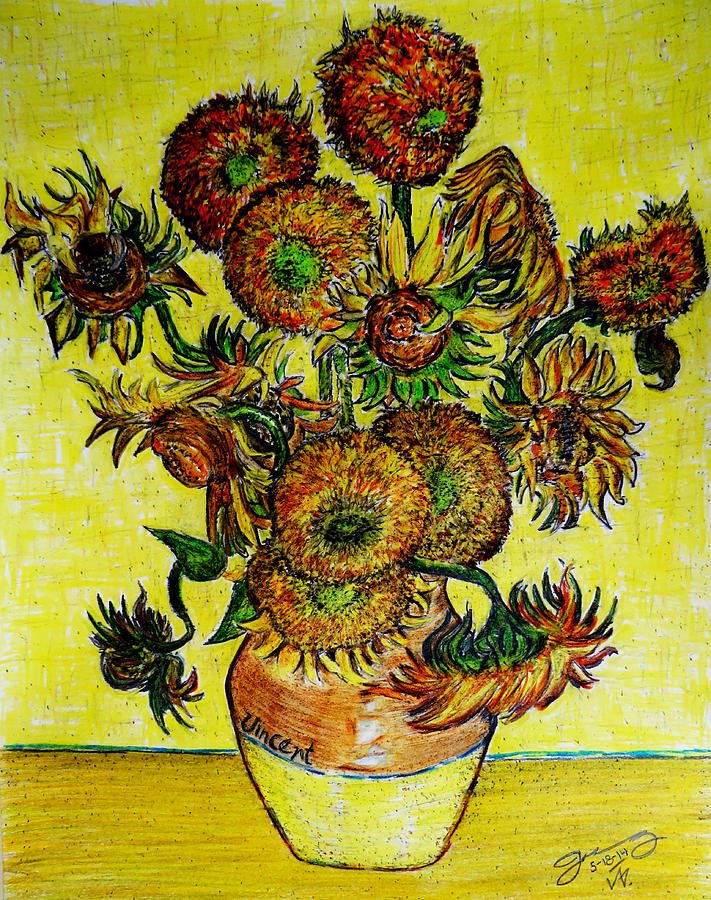 711x900 replica of vincent's still life vase with fifteen sunflowers drawing - Van Gogh Sunflowers Drawing
