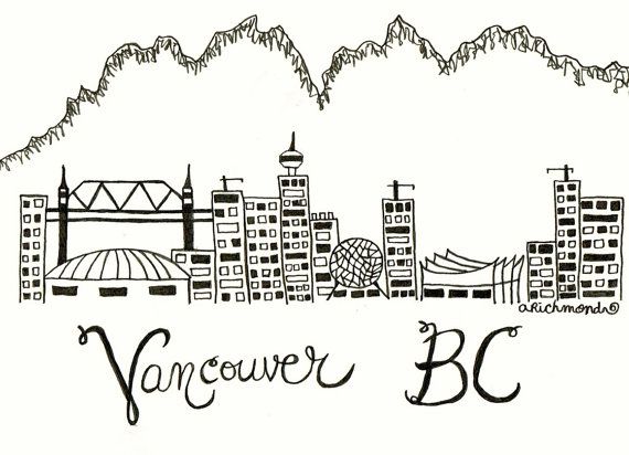 570x412 Custom Original Skyline Doodle Drawing Artwork - Vancouver Skyline Drawing