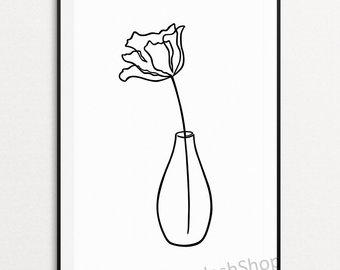340x270 Minimalist Flower Print One Line Drawing Simple Floral Vase Etsy - Vase Line Drawing