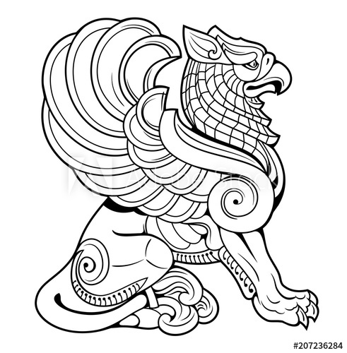 491x500 Vector Drawing Of A Sitting Griffin - Vector Drawing