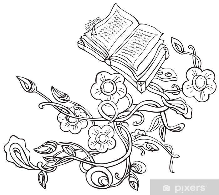 700x622 Vector Drawing Plants With Flowers And Old Books Sticker Pixers - Vector Drawing