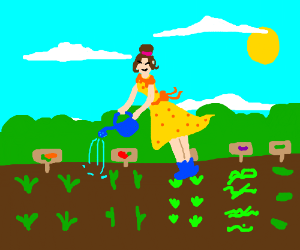 300x250 Woman Watering Her Vegetable Garden Drawing - Vegetable Garden Drawing