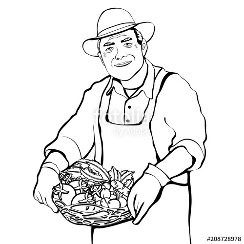 500x500 farmer with basket of fresh vegetables contour drawing, coloring - Vegetables Cartoon Drawing