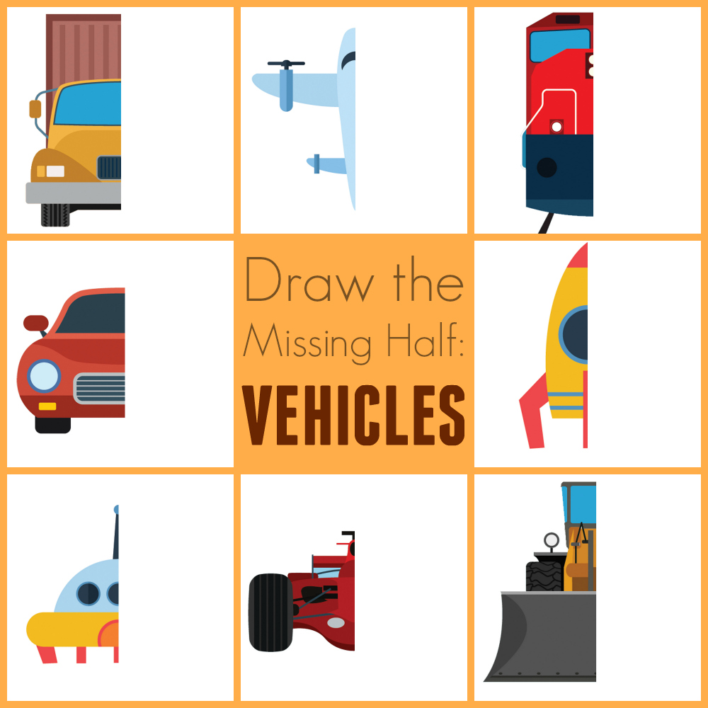 1000x1000 draw the missing half vehicles printable pack adventure in a box - Vehicles Images For Drawing
