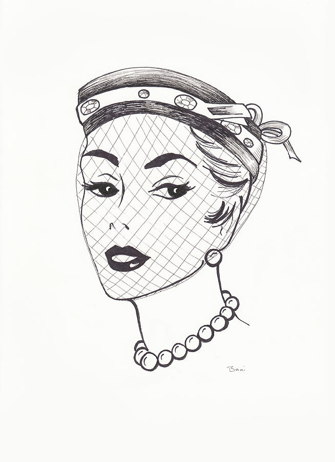 654x900 vintage hat with veil drawing - Veil Drawing