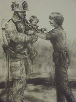 300x400 vel miller charcoal drawing of fireman with child and police - Vel Miller Drawings