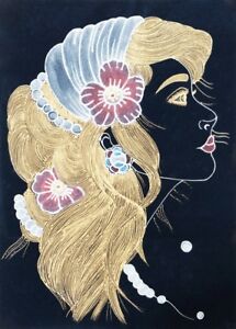 215x300 original drawing woman face and hanuman on velvet gold acrylic - Velvet Drawing
