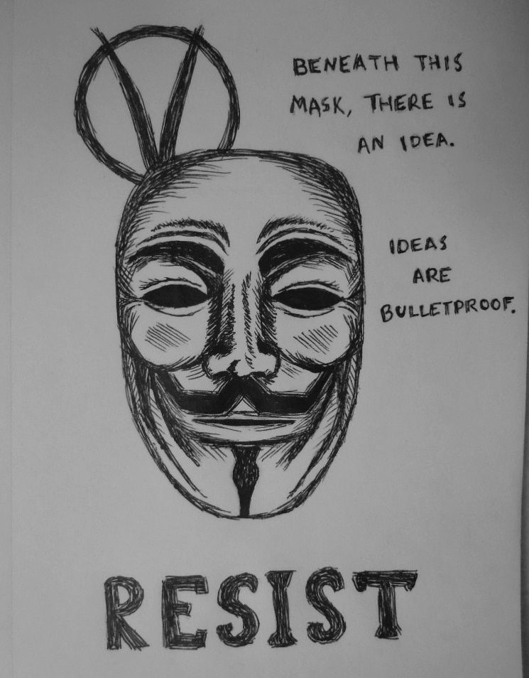 745x954 Sketch Of The Guy Fawkes Mask With Quotes From V For Vendetta - Vendetta Drawing