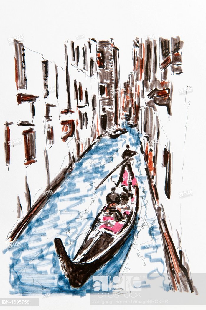 699x1049 gondola on a small canal, venice, italy, drawing - Venice Gondola Drawing