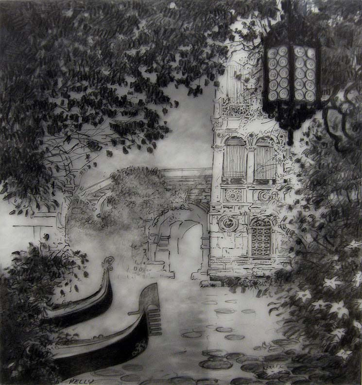 745x792 john kelly untitled custom framed original graphite pencil art - Venice Gondola Drawing