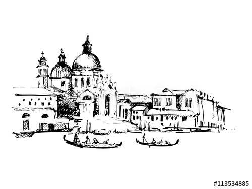500x375 streets in venice with gondola, hand drawn vintage illustration - Venice Gondola Drawing