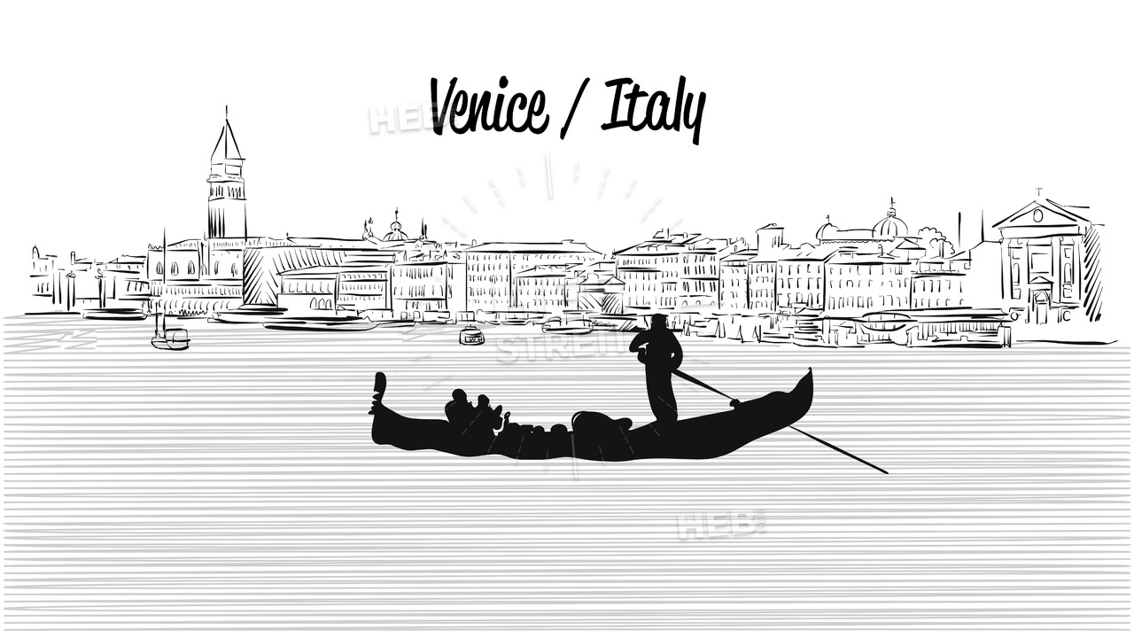 1280x720 venice skyline with gondola, hand drawn vector sketch hebstreits - Venice Gondola Drawing