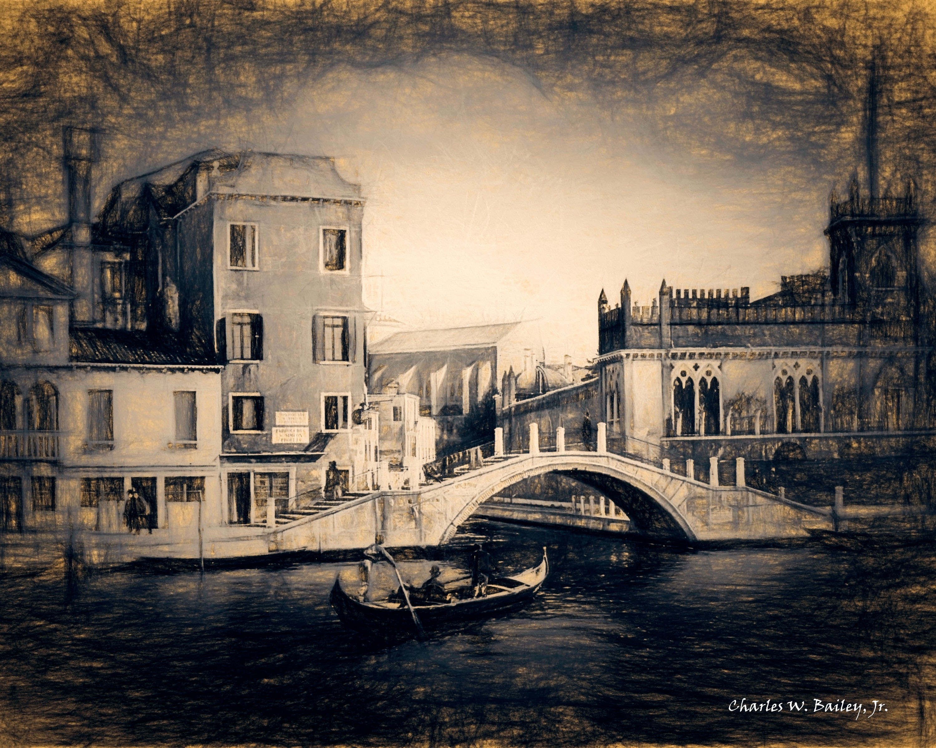 3000x2400 digital charcoal and chalk drawing of a gondola approaching - Venice Gondola Drawing