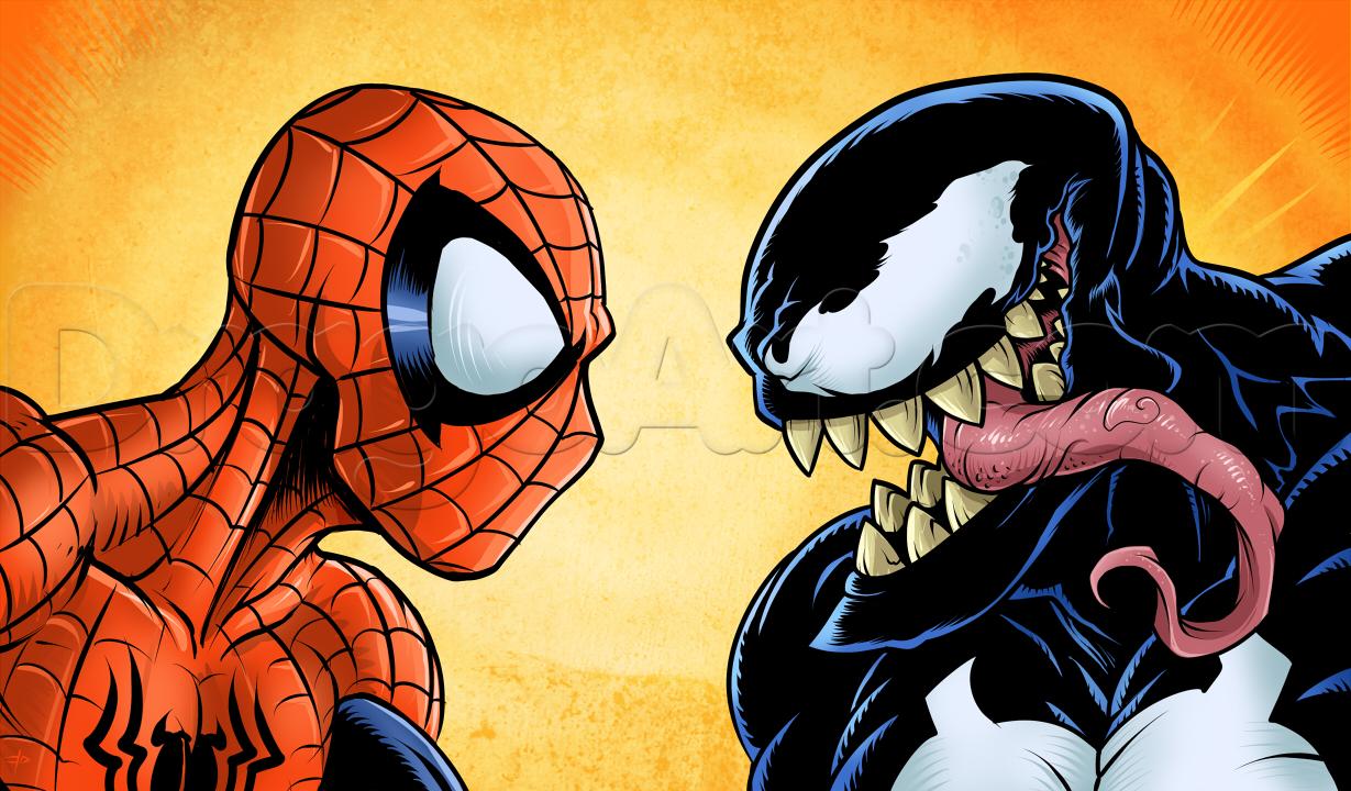 1229x720 How To Draw Spider Man Vs Venom, Step - Venom Spiderman Drawing