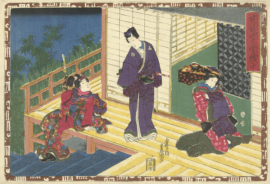 900x614 Prince Genji On A Veranda With Two Women, Japanese Print - Veranda Drawing