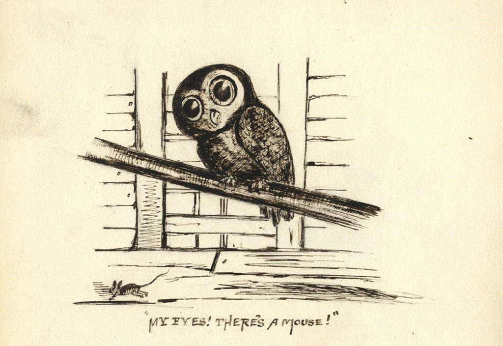 1024x704 victorian century pen ink cartoon drawing, owl mouse - Victorian Bird Drawings